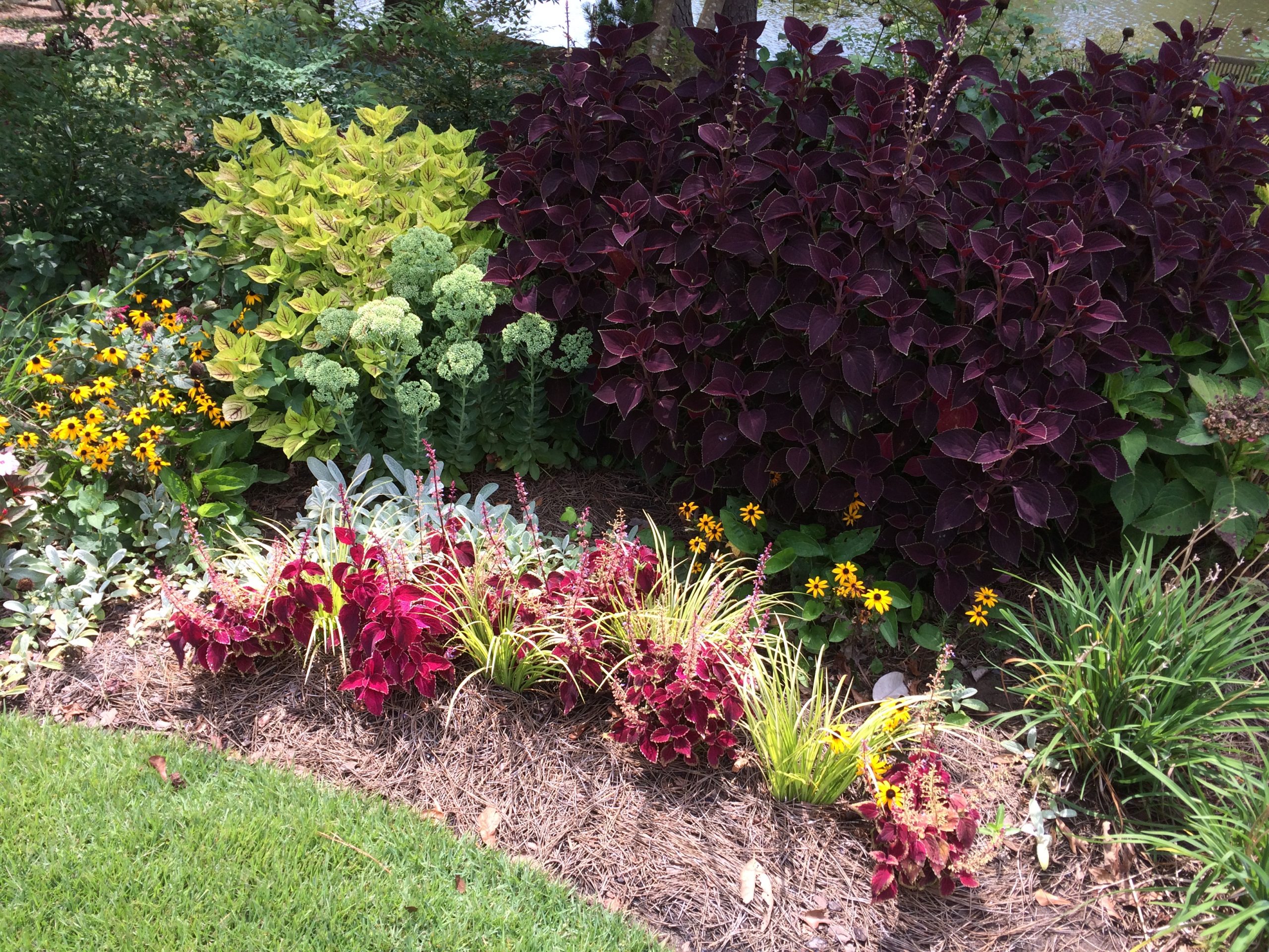 Custom Designed Landscaping With Red And Green Plants, Flowers, And Shrubbery